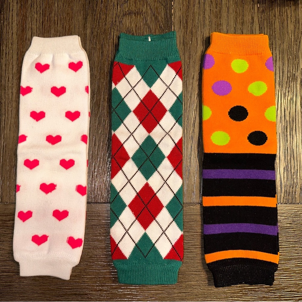 NEW 3 pairs of Child Leg Warmers Christmas Argyle Halloween Hearts Valentines